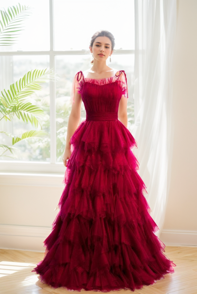 Spaghetti-straps Pleated bodice Ruffle Layered tutu soft tulle prom dress SelenaHuanStudio