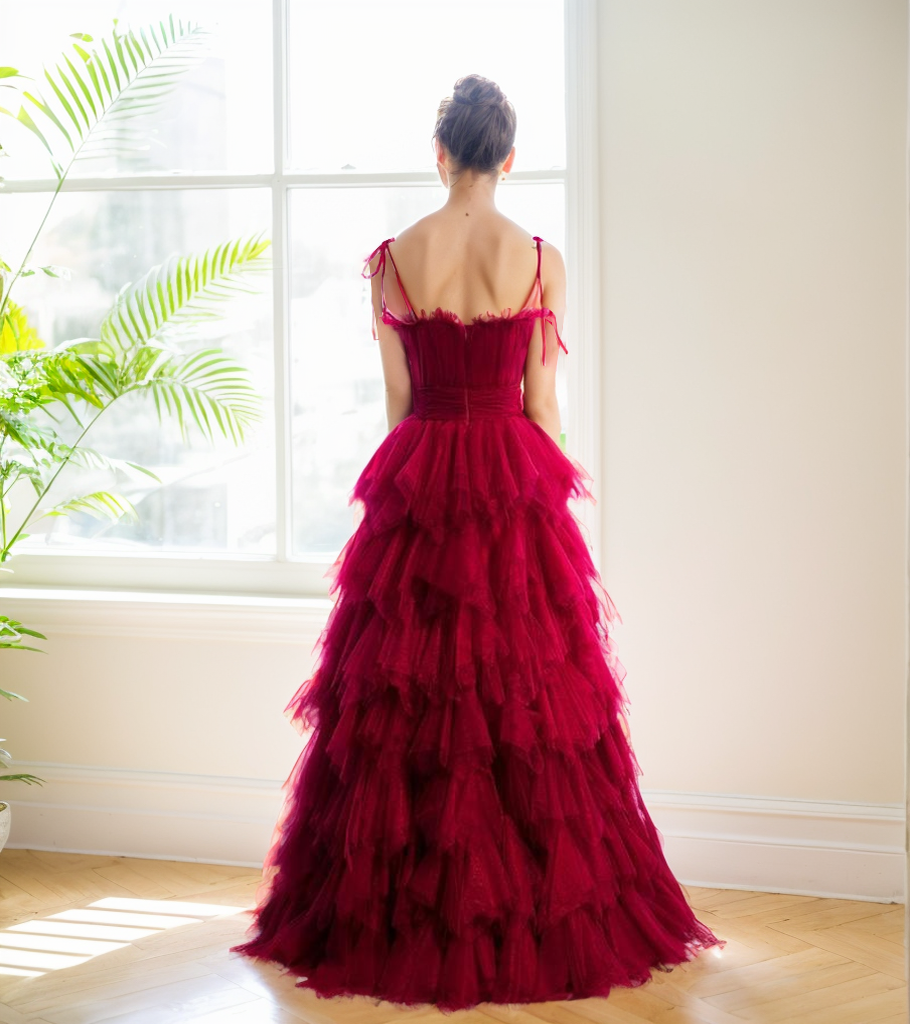 Spaghetti-straps Pleated bodice Ruffle Layered tutu soft tulle prom dress SelenaHuanStudio