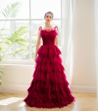 Spaghetti-straps Pleated bodice Ruffle Layered tutu soft tulle prom dress SelenaHuanStudio