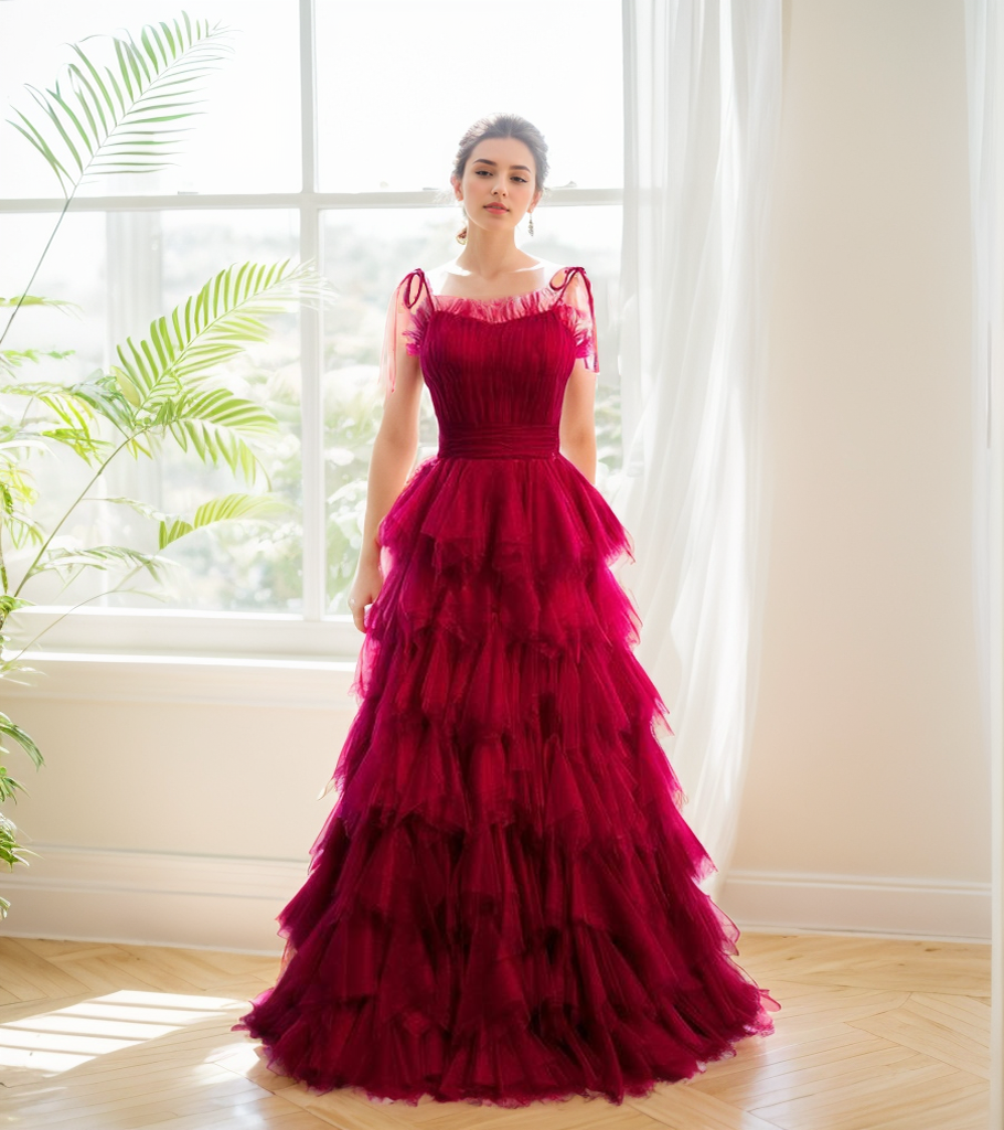 Spaghetti-straps Pleated bodice Ruffle Layered tutu soft tulle prom dress SelenaHuanStudio