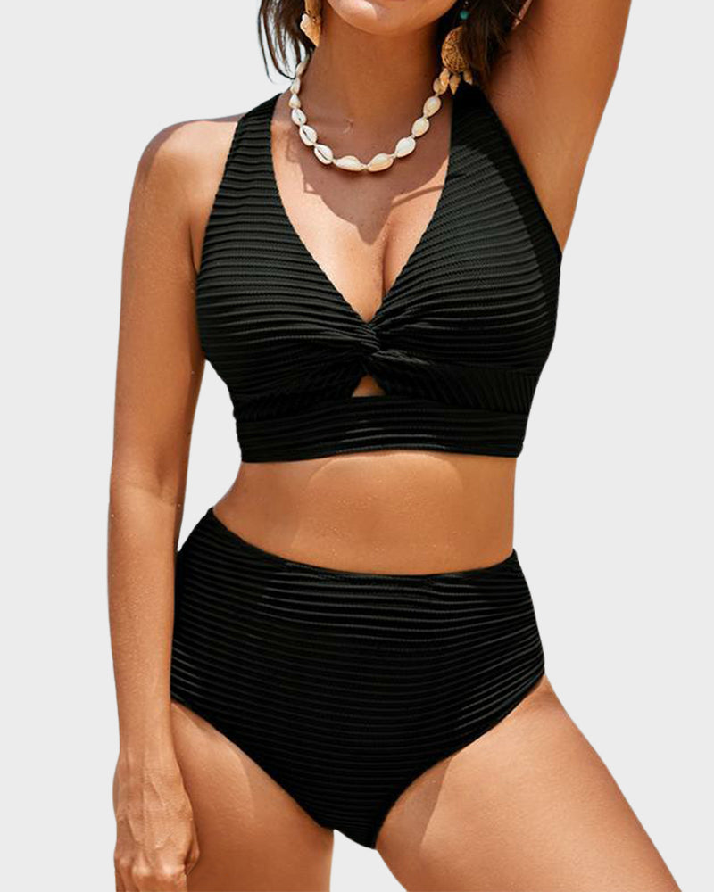 Textured Knot-Front High-Waisted Bikini Set SheCurve