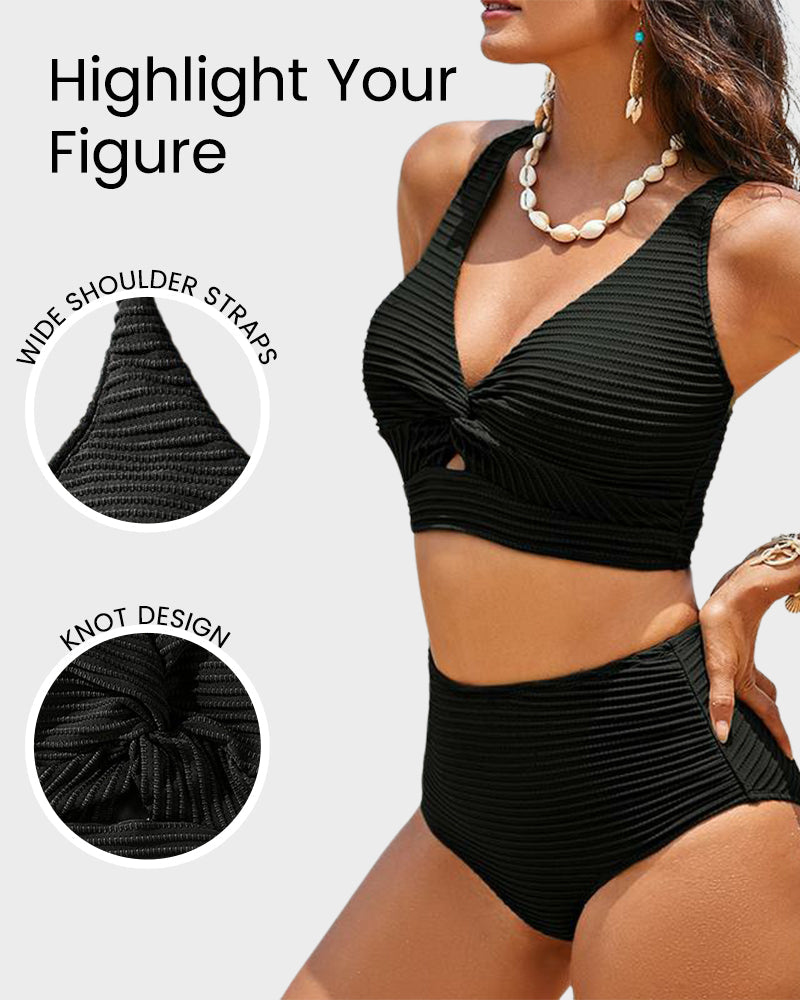 Textured Knot-Front High-Waisted Bikini Set SheCurve