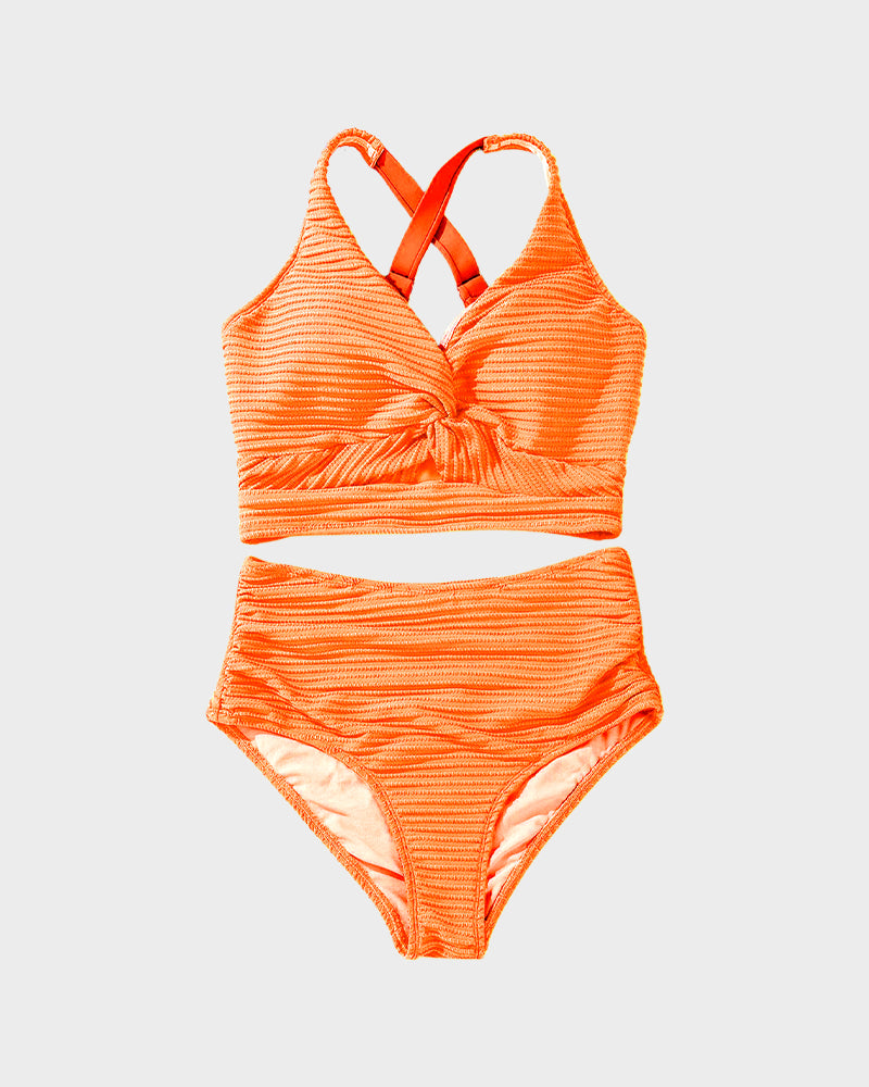 Textured Knot-Front High-Waisted Bikini Set SheCurve