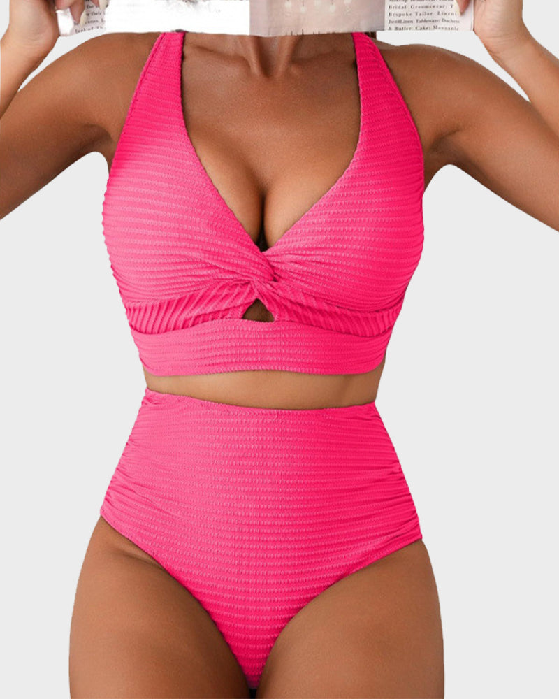 Textured Knot-Front High-Waisted Bikini Set SheCurve