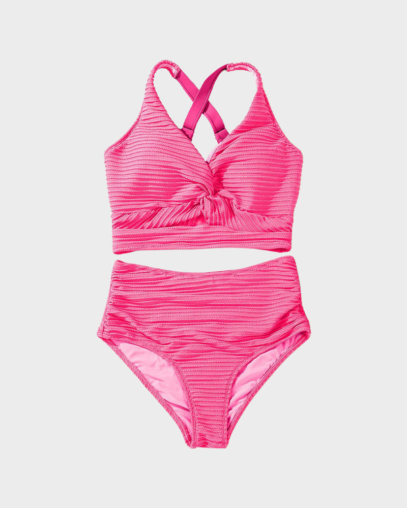 Textured Knot-Front High-Waisted Bikini Set SheCurve