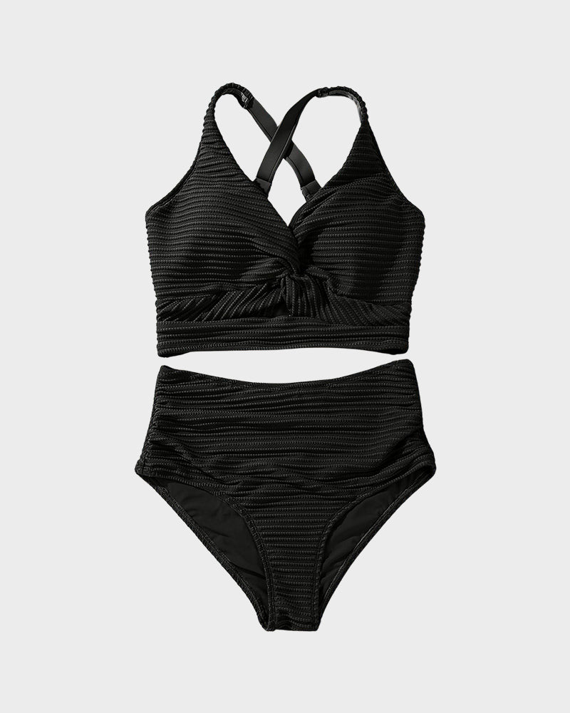 Textured Knot-Front High-Waisted Bikini Set SheCurve
