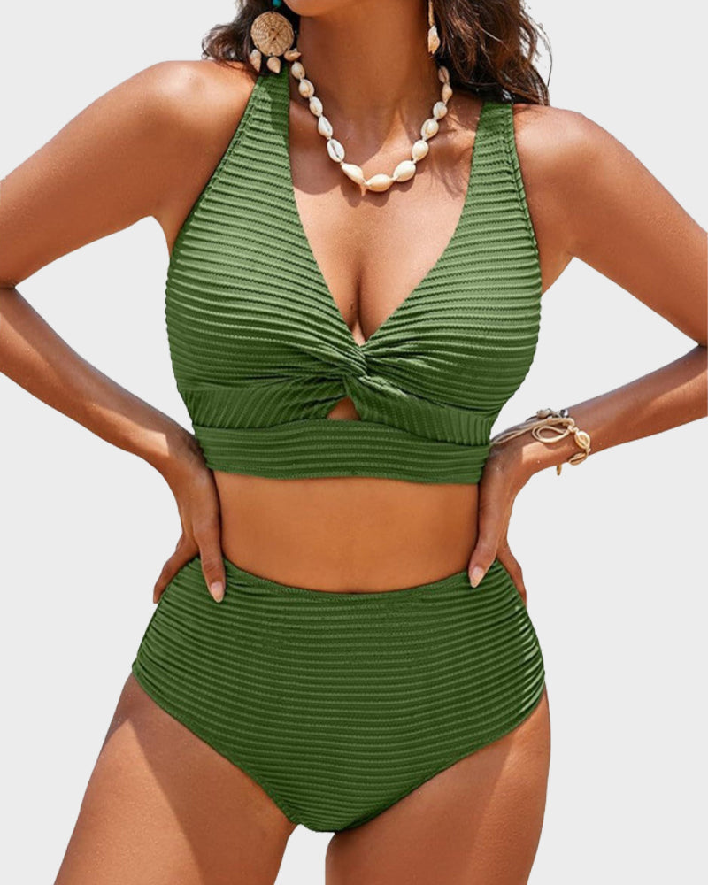 Textured Knot-Front High-Waisted Bikini Set SheCurve