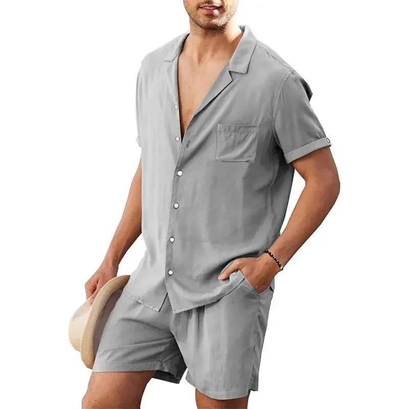 New Arrival Men's Cotton and Linen Short Sleeve T-shirt+Ankle Length Pant Set Solid Shirt+Trousers Home Suits Male Size M-3XL