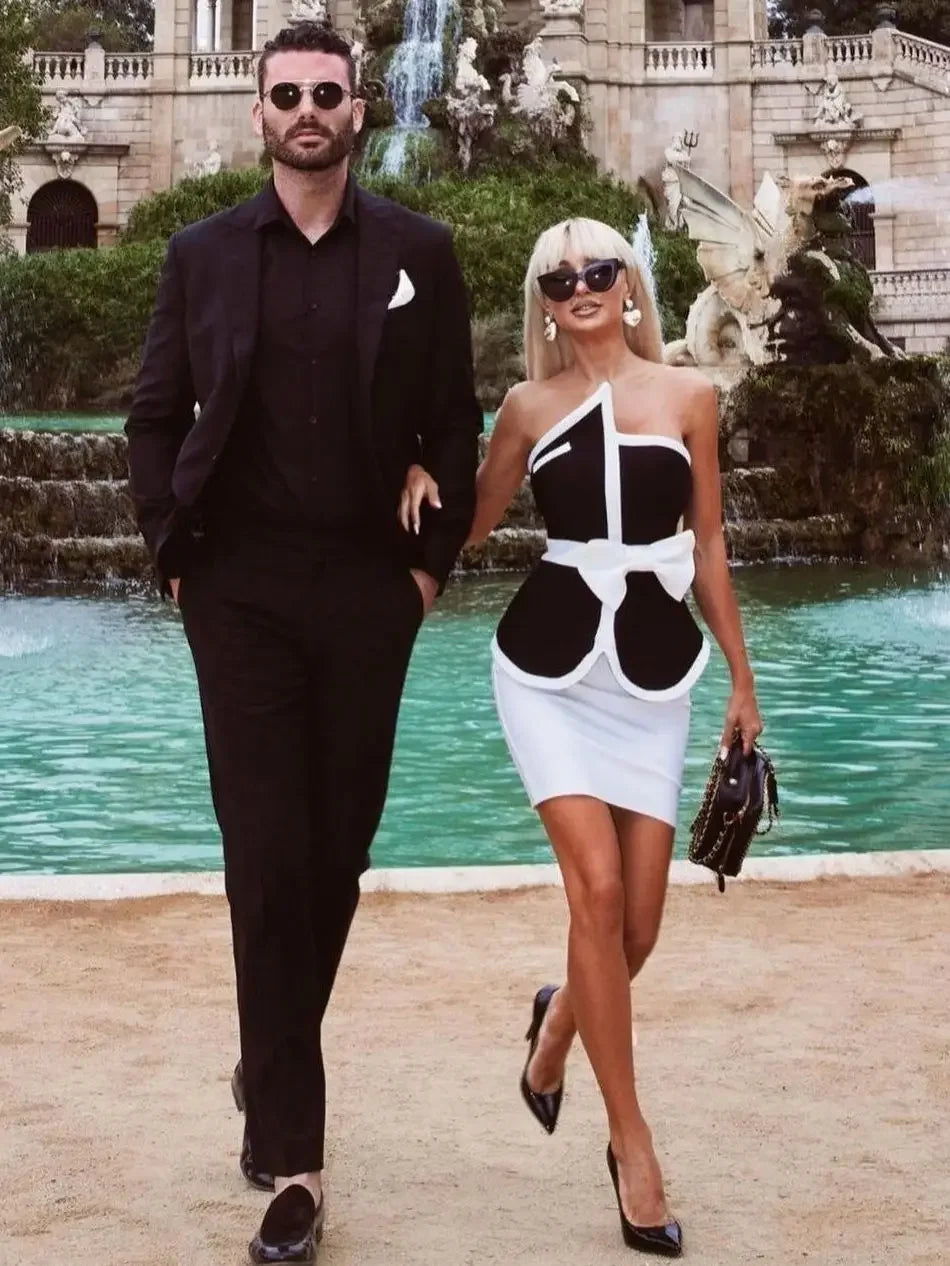 New Women Summer Patchwork Bandage  2 Two Piece  Strapless  Sleeveless Bow Top & Mini Skirt Club Party Holiday High Street Sets LUXLIFE BRANDS