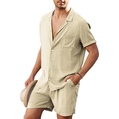 New Arrival Men's Cotton and Linen Short Sleeve T-shirt+Ankle Length Pant Set Solid Shirt+Trousers Home Suits Male Size M-3XL