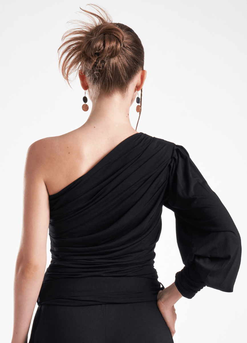 LavaNera One Shoulder Black Jersey Viscose Blouse ETNA