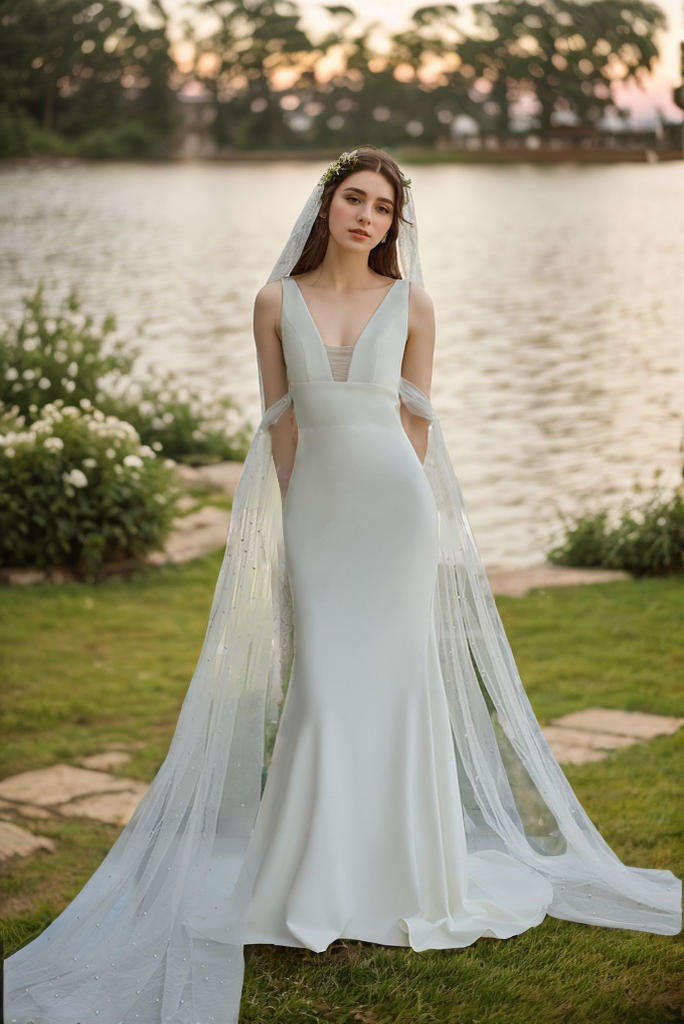 V-neck Low back wide straps Mermaid Satin wedding dress with beaded soft tulle ribbon SelenaHuanStudio