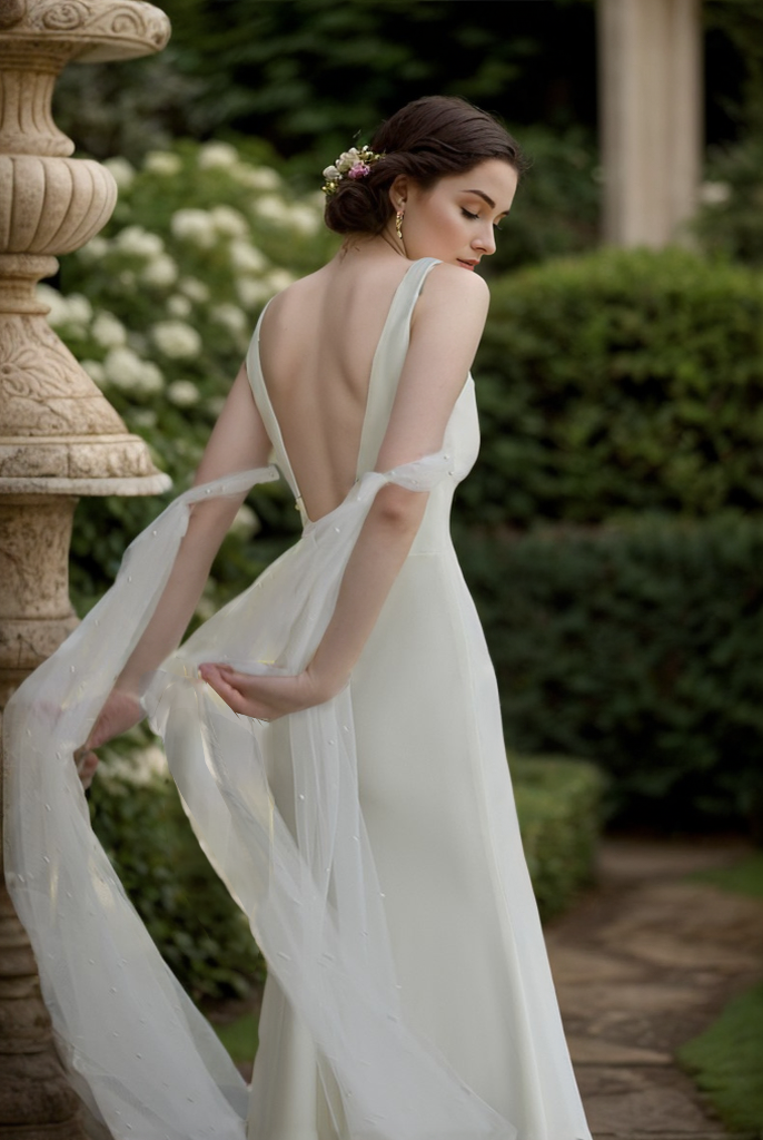 V-neck Low back wide straps Mermaid Satin wedding dress with beaded soft tulle ribbon SelenaHuanStudio