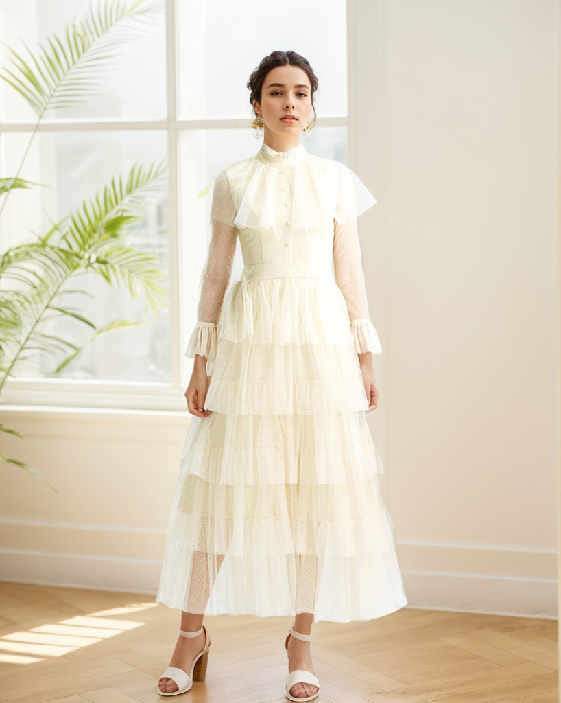 Vintage high neck Layered Ruffle tutu Skirt tulle prom dress with sleeves SelenaHuanStudio