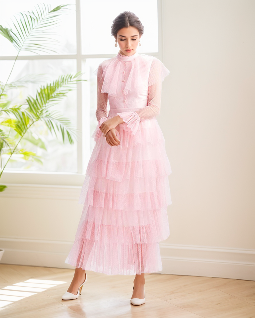 Vintage high neck Layered Ruffle tutu Skirt tulle prom dress with sleeves SelenaHuanStudio