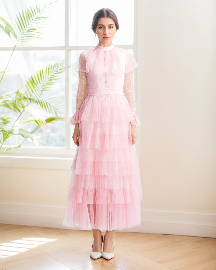 Vintage high neck Layered Ruffle tutu Skirt tulle prom dress with sleeves SelenaHuanStudio
