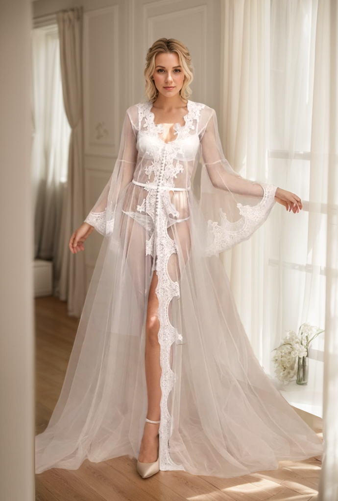 Pearl Beaded Lace Hem Long Robe with Satin Nightgown SelenaHuanStudio