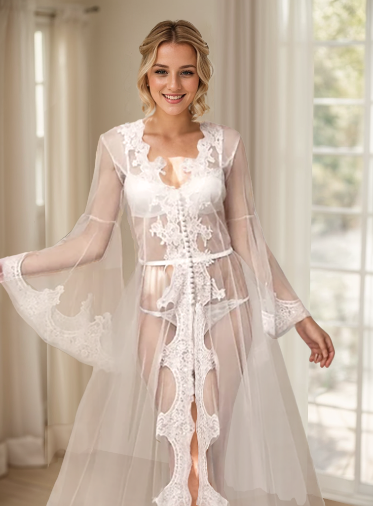 Pearl Beaded Lace Hem Long Robe with Satin Nightgown SelenaHuanStudio