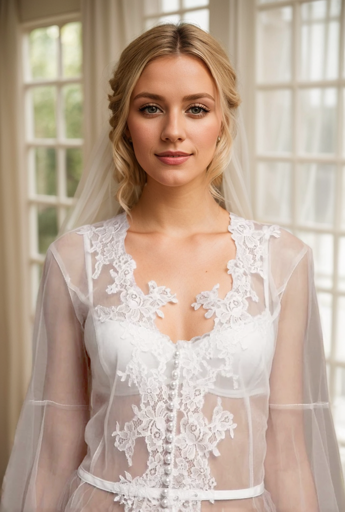 Pearl Beaded Lace Hem Long Robe with Satin Nightgown