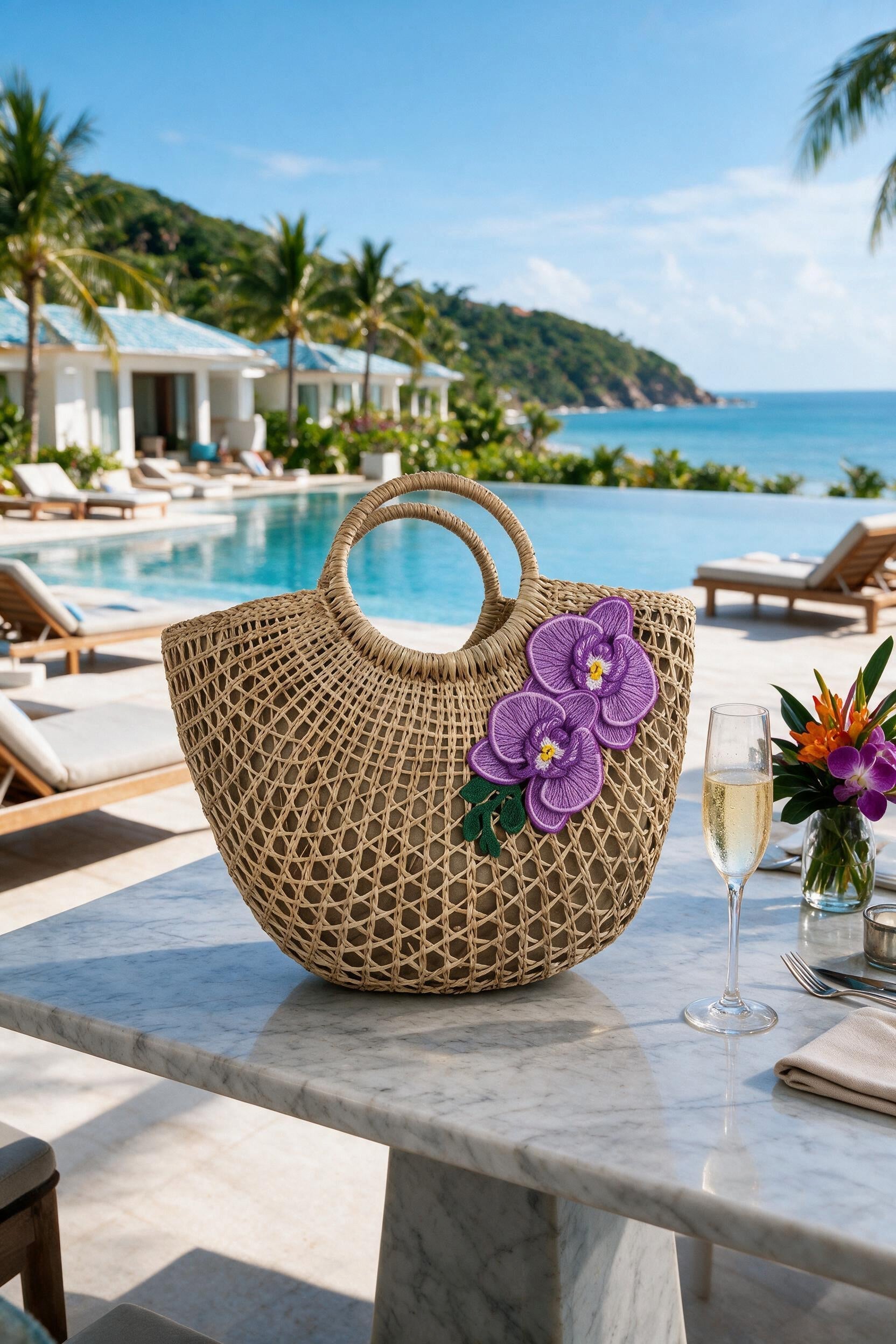 Island Orchid Straw Beach Bag