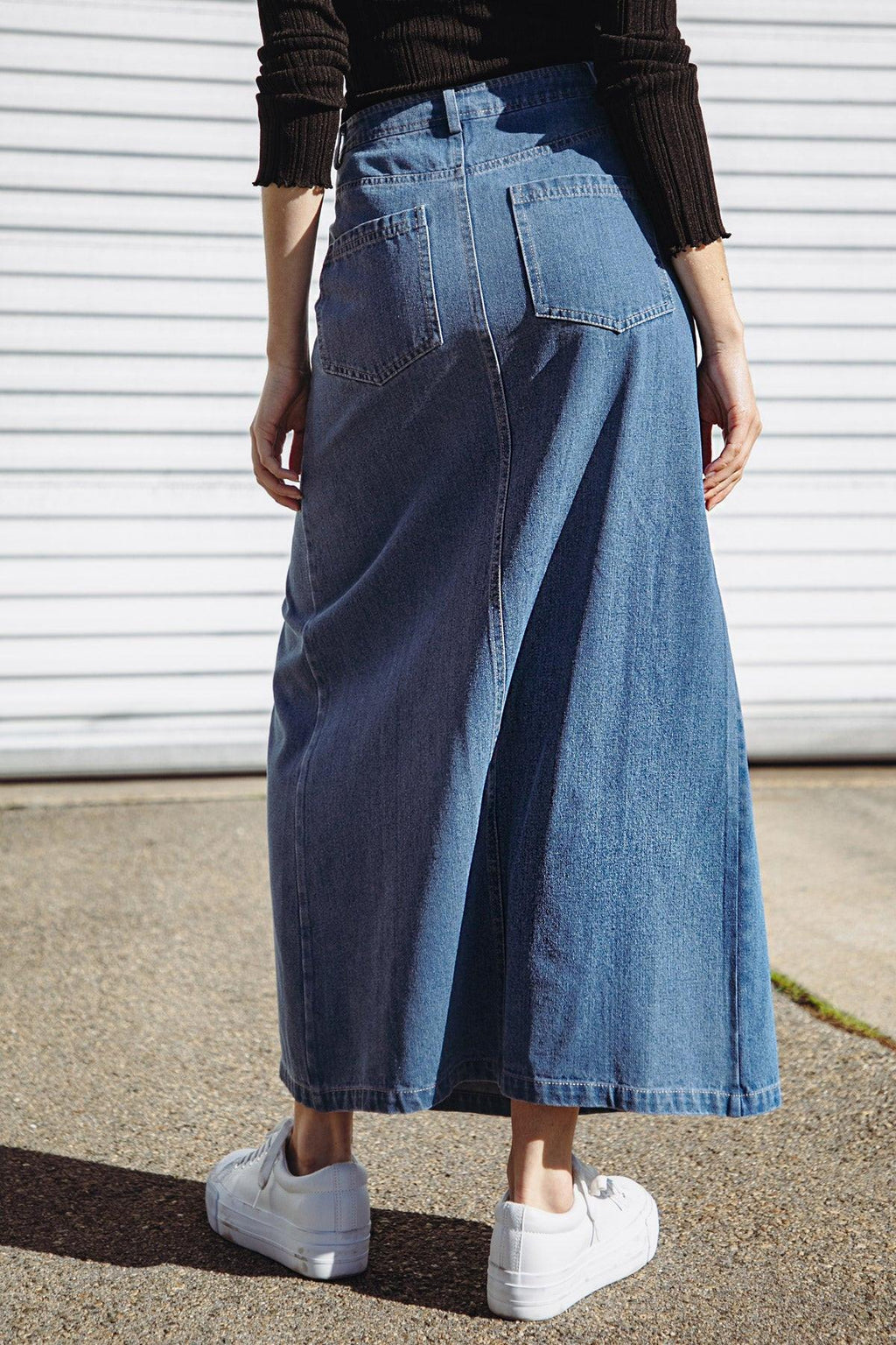 SWEET TALKING DENIM MIDI SKIRT Flying Tomato