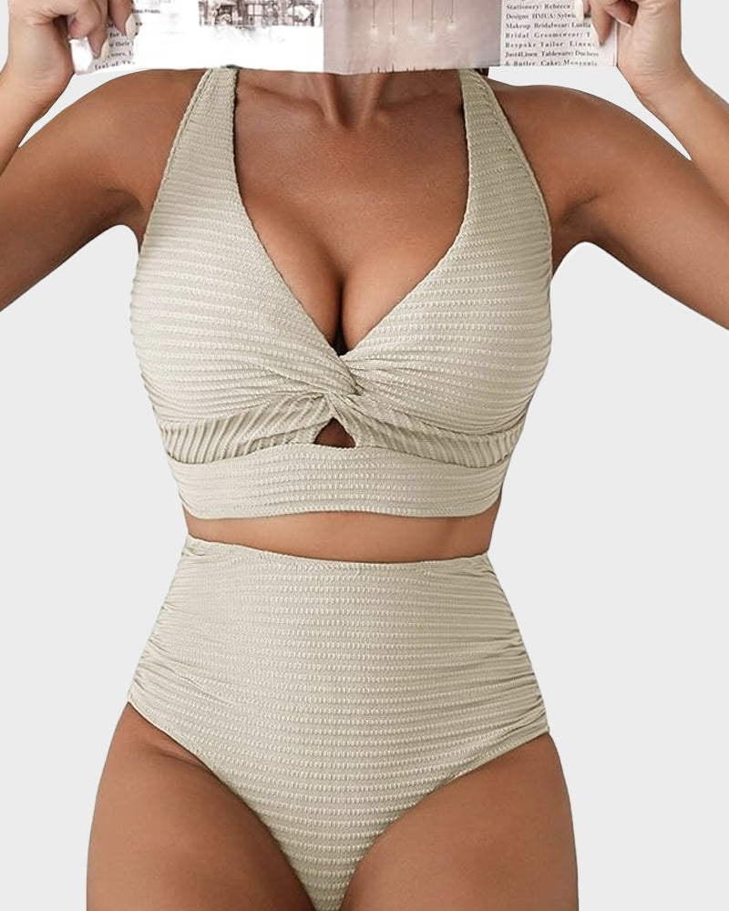 Textured Knot-Front High-Waisted Bikini Set SheCurve