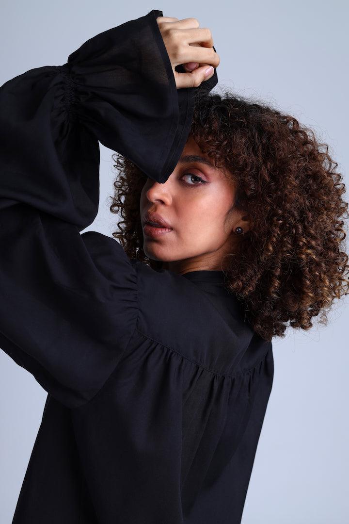 Protagonista Tencel Bow-Tie Black Blouse With Voluminous Airy Sleeves