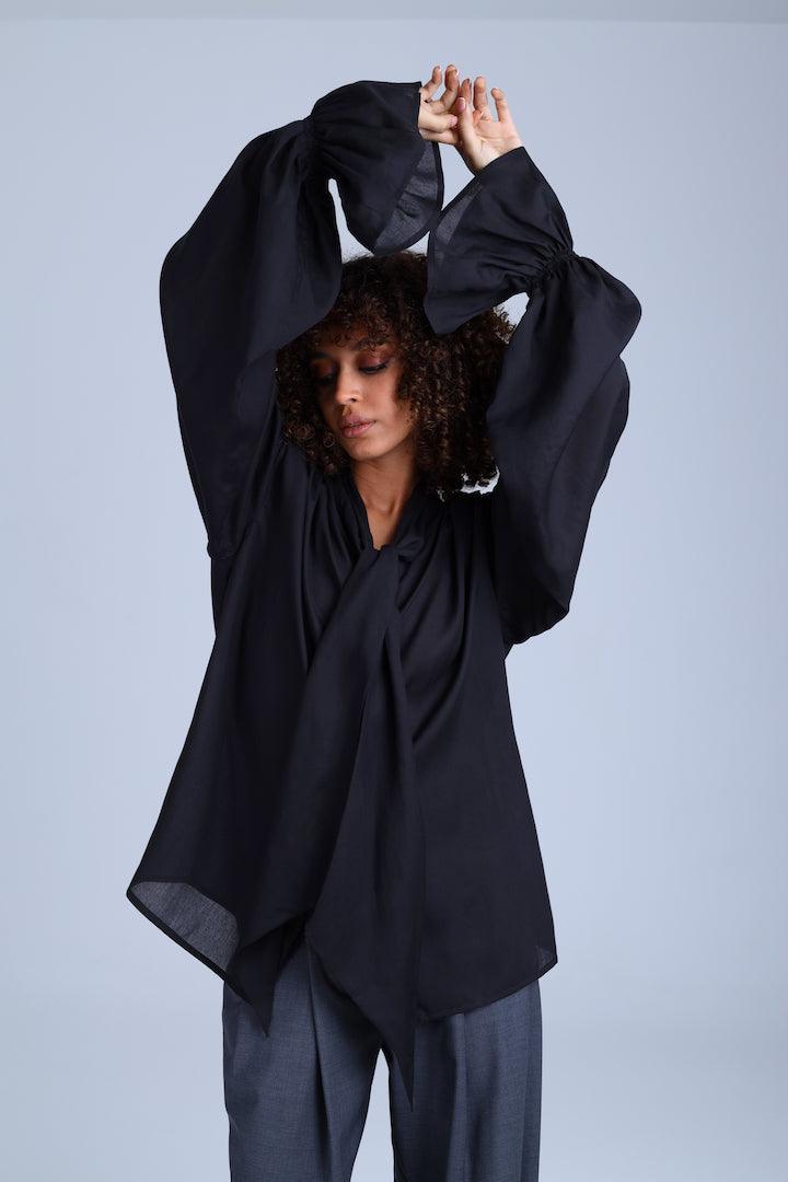 Protagonista Tencel Bow-Tie Black Blouse With Voluminous Airy Sleeves