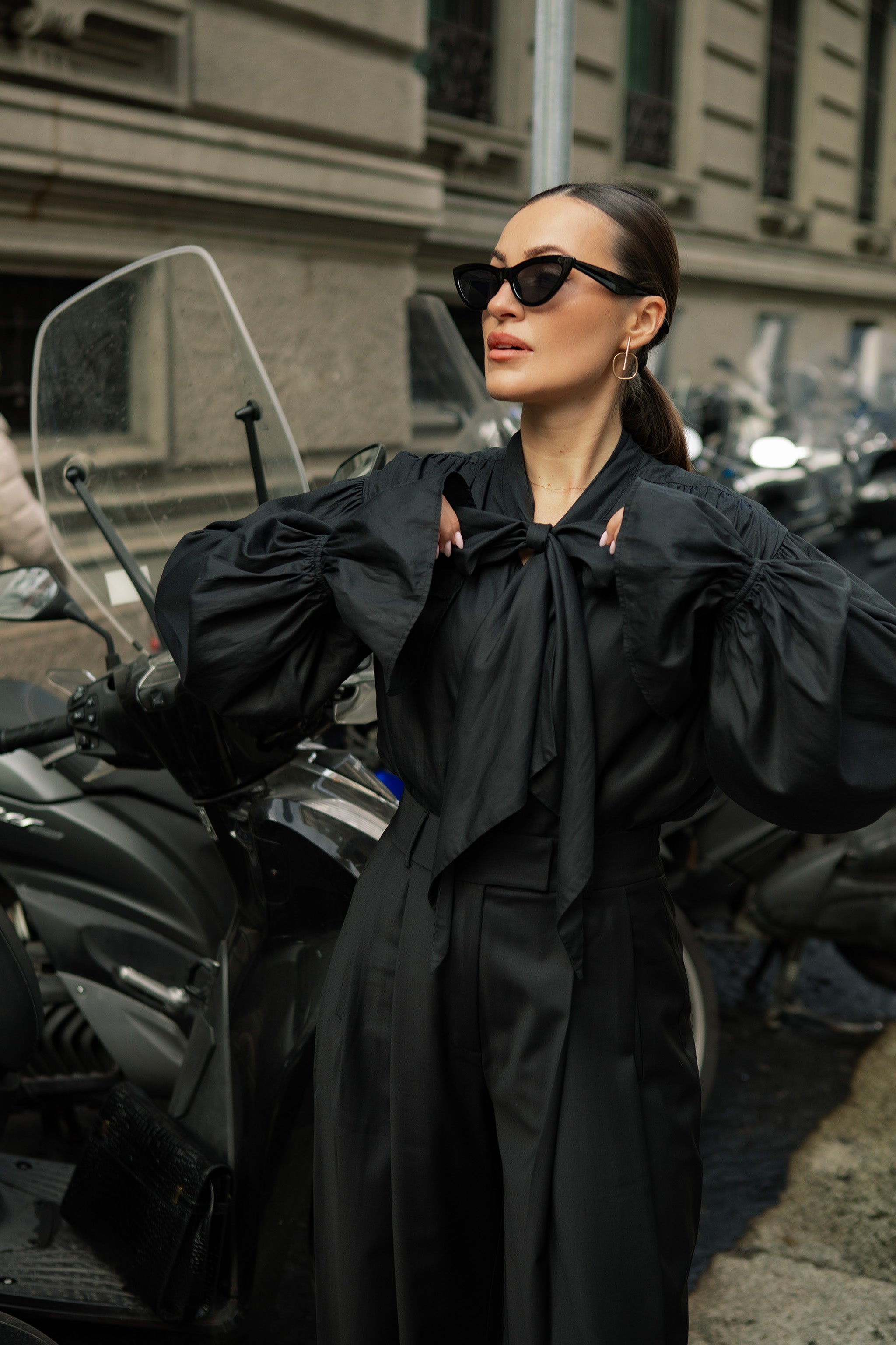 Protagonista Tencel Bow-Tie Black Blouse With Voluminous Airy Sleeves