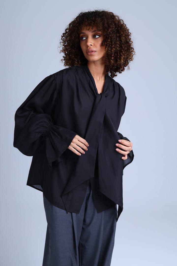 Protagonista Tencel Bow-Tie Black Blouse With Voluminous Airy Sleeves