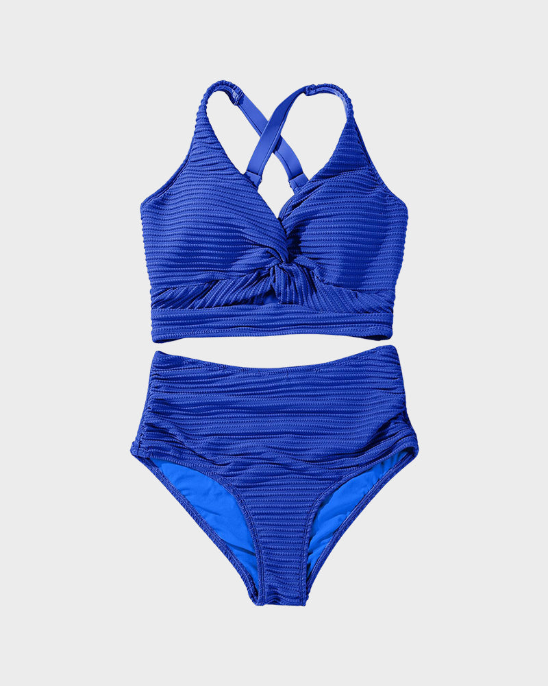 Textured Knot-Front High-Waisted Bikini Set SheCurve