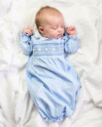 Smocked Baby Gown For Girl in Pale Blue Knit Smockingbird