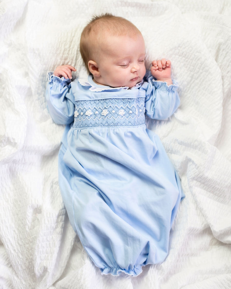 Smocked Baby Gown For Girl in Pale Blue Knit Smockingbird