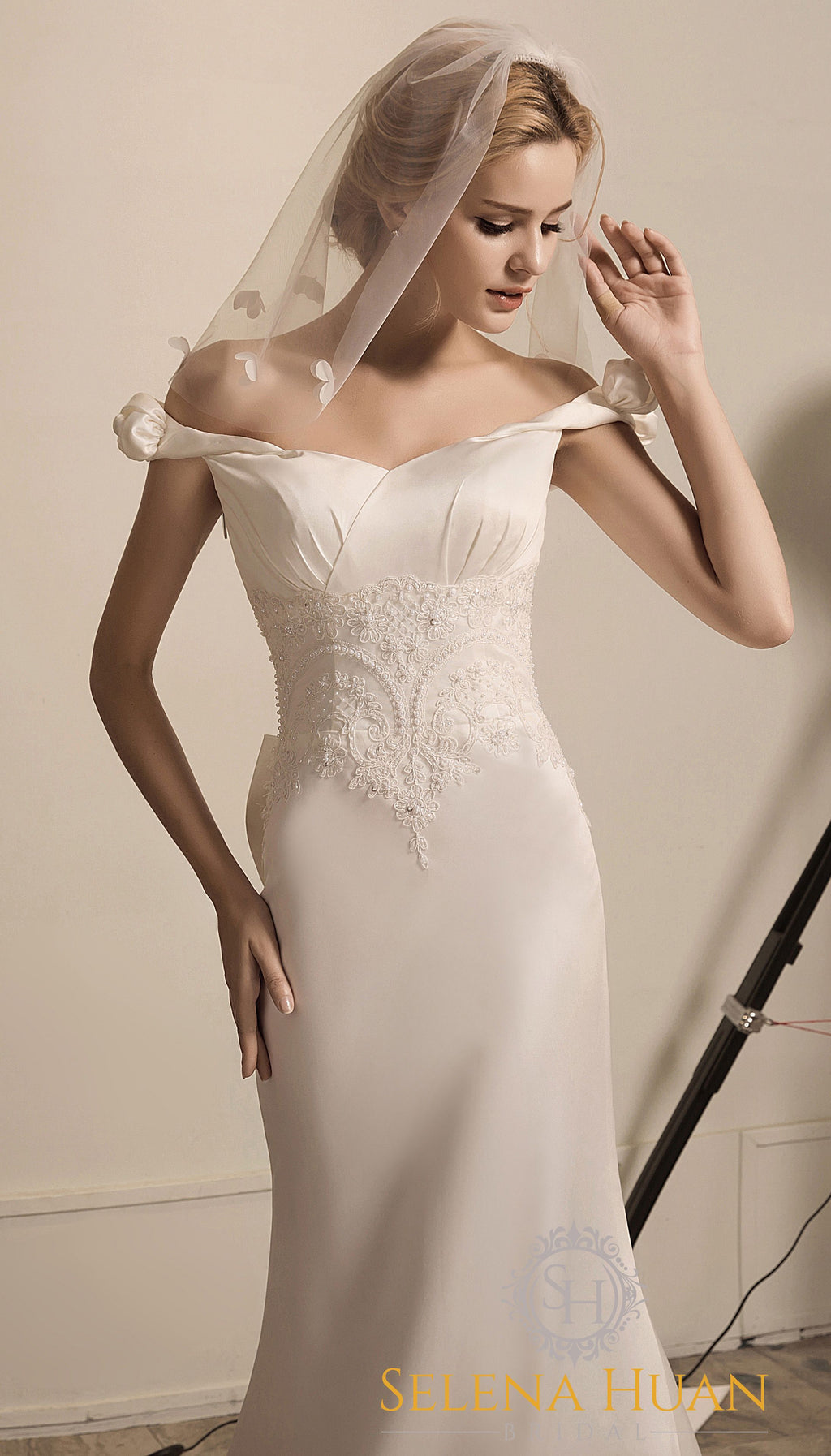 Rose Manor - Beaded Floral lace off-the-shoulder mermaid soft silky satin prom dress colored wedding dress