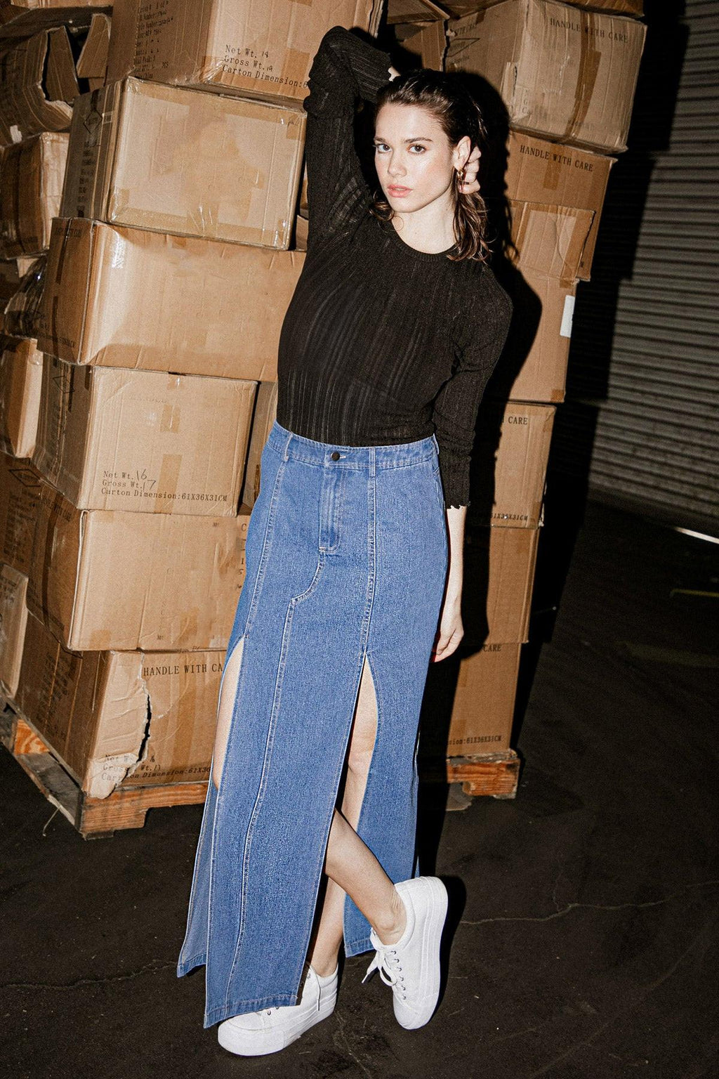 SWEET TALKING DENIM MIDI SKIRT Flying Tomato