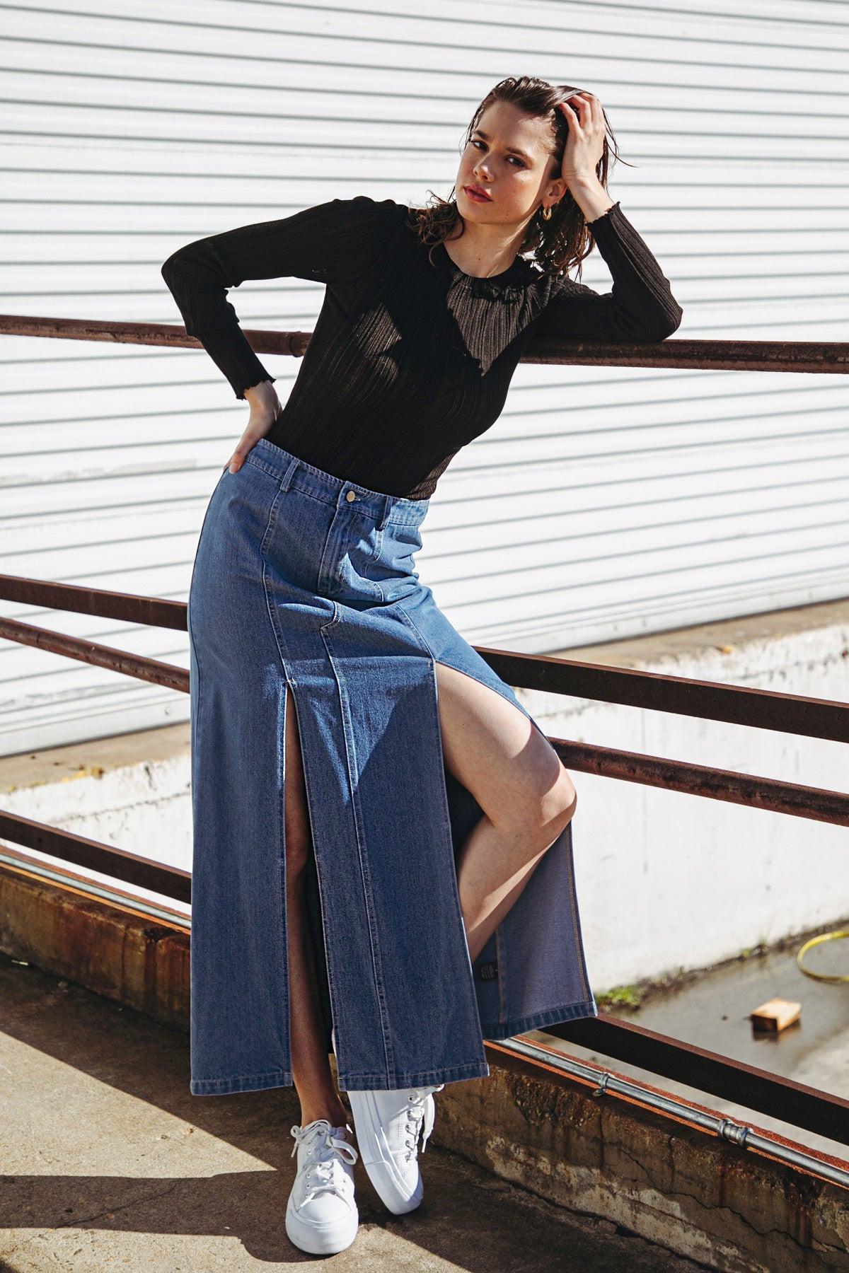 SWEET TALKING DENIM MIDI SKIRT Flying Tomato