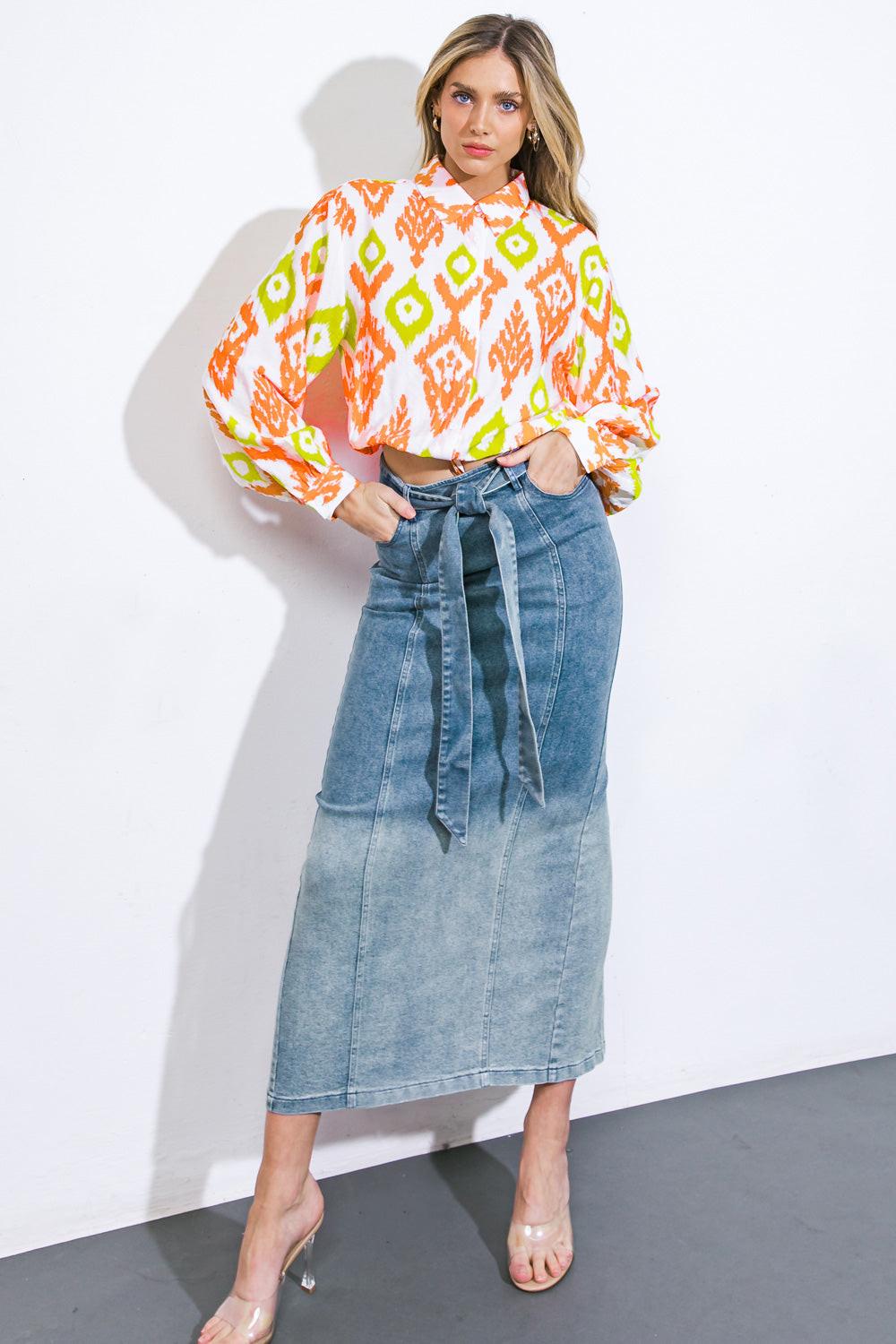 THE GRASS IS GREENER DENIM MIDI SKIRT Flying Tomato
