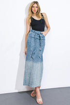 THE GRASS IS GREENER DENIM MIDI SKIRT Flying Tomato