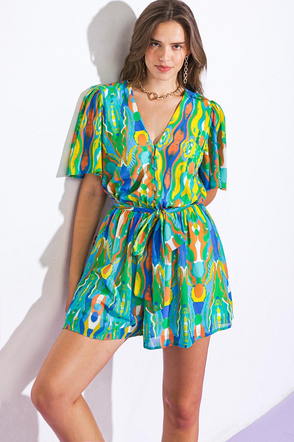 IN MY HAPPY PLACE WOVEN ROMPER Flying Tomato