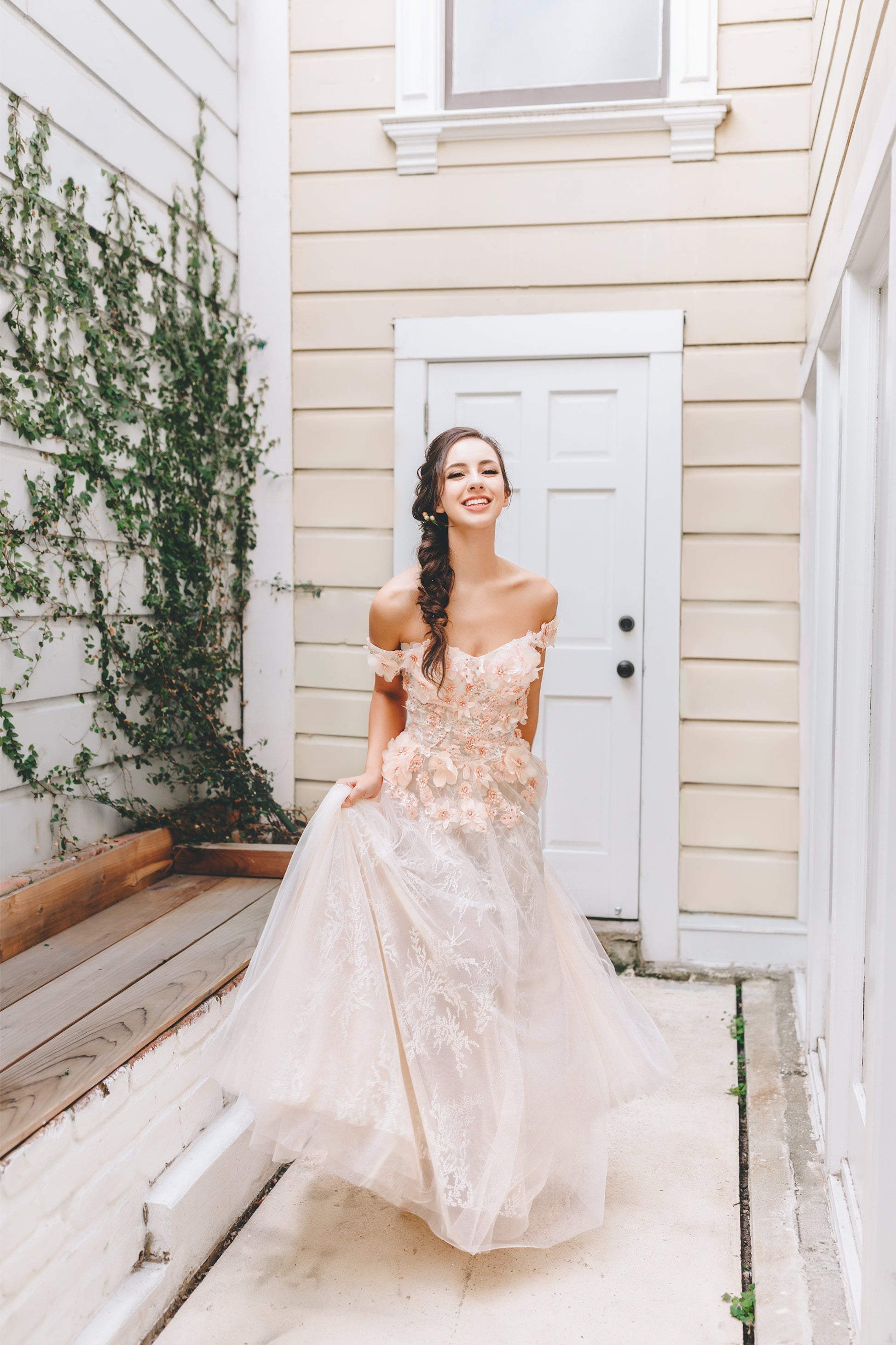 Rubi - 3D Apricot pink floral lace off-the-shoulder A-line tulle prom dress colored wedding dress SelenaHuanStudio