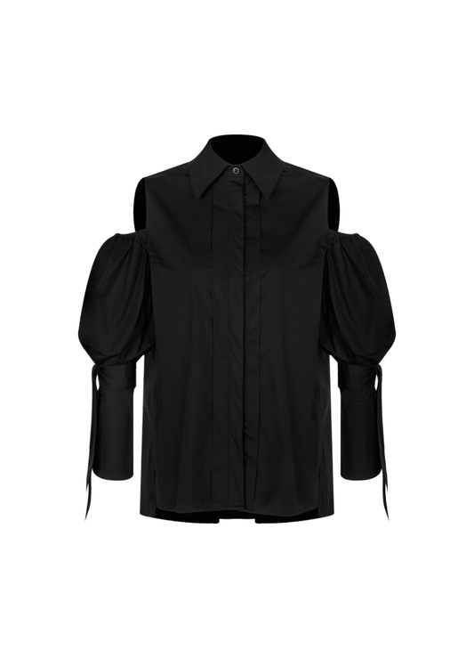 Quarta Open Shoulders Black Premium Poplin Shirt