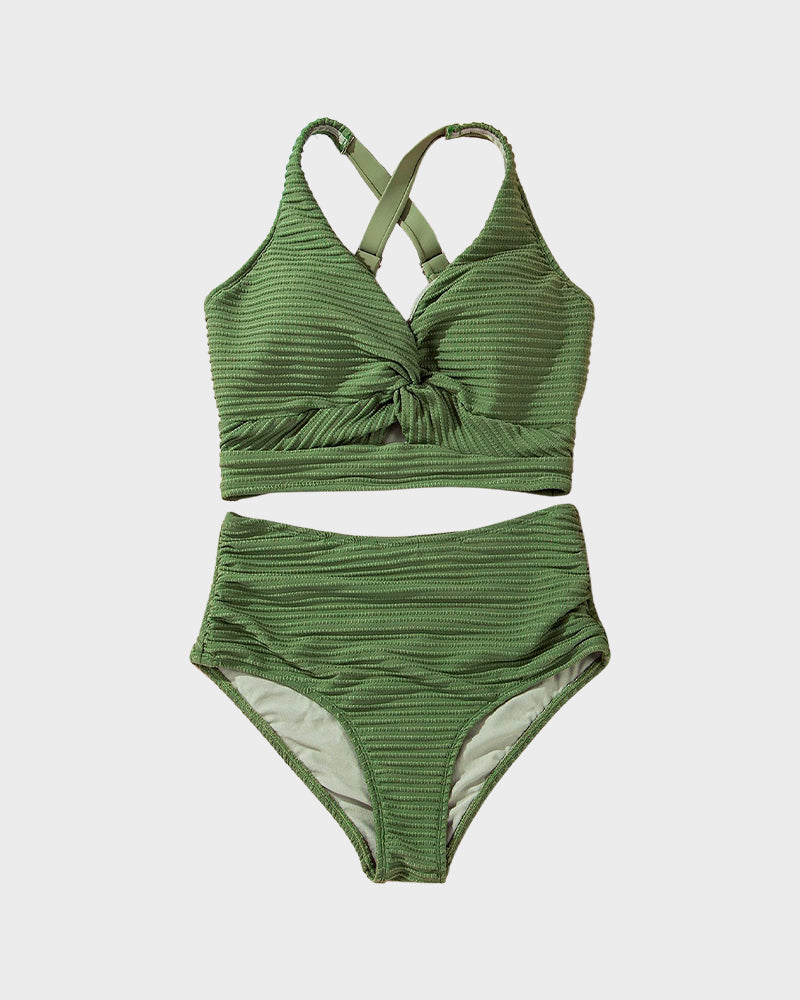 Textured Knot-Front High-Waisted Bikini Set SheCurve