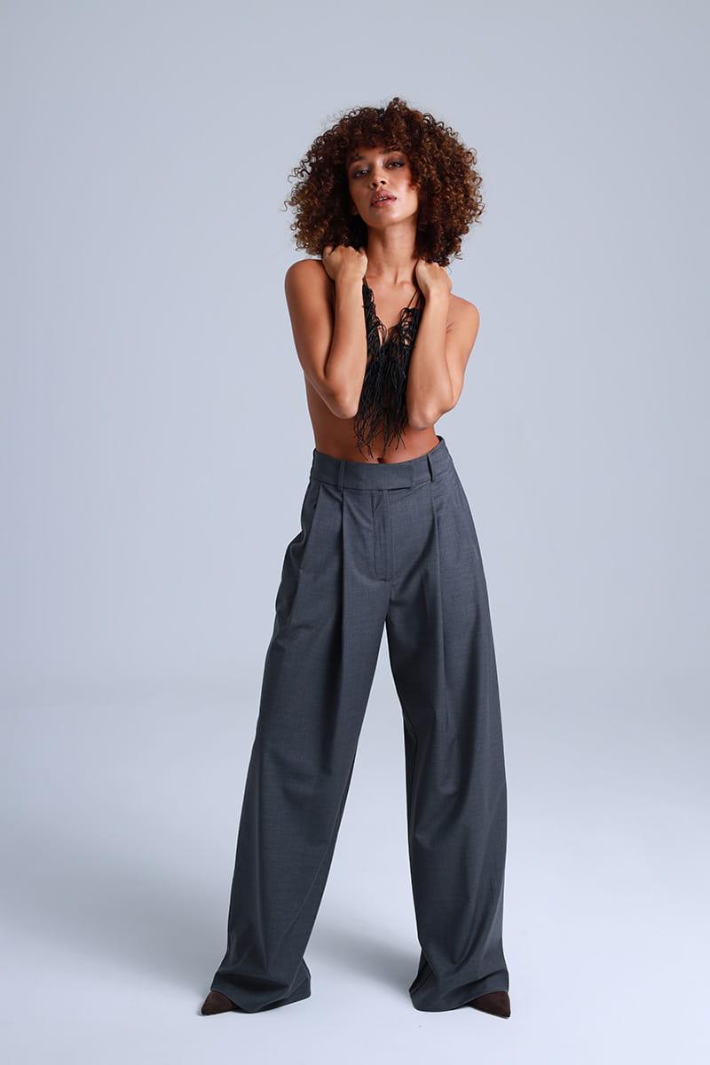 Broadway Sophia Wide-Leg Virgin Wool Pants in Mid Grey