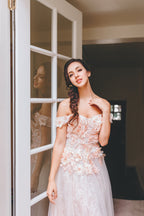 Rubi - 3D Apricot pink floral lace off-the-shoulder A-line tulle prom dress colored wedding dress SelenaHuanStudio