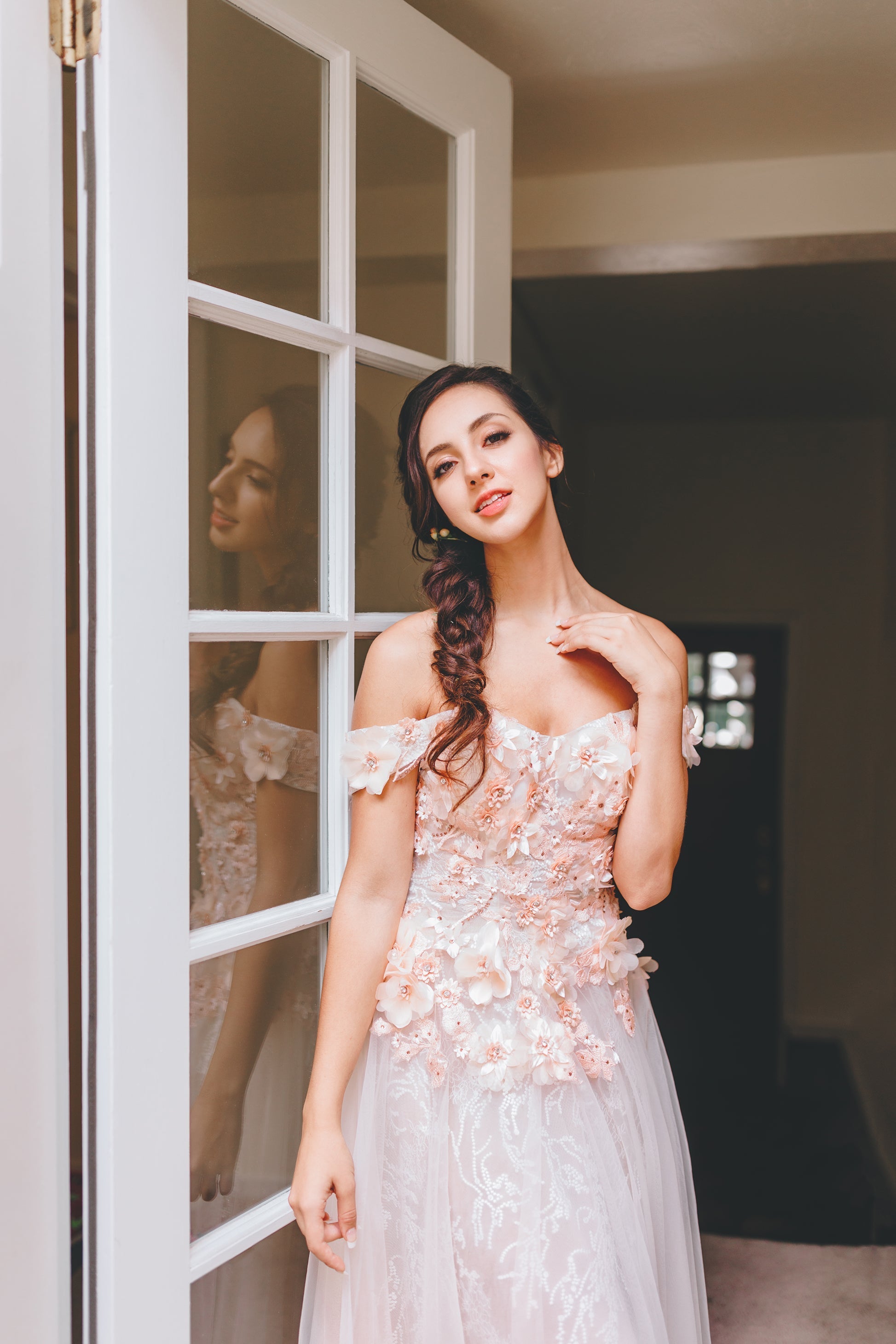 Rubi - 3D Apricot pink floral lace off-the-shoulder A-line tulle prom dress colored wedding dress SelenaHuanStudio