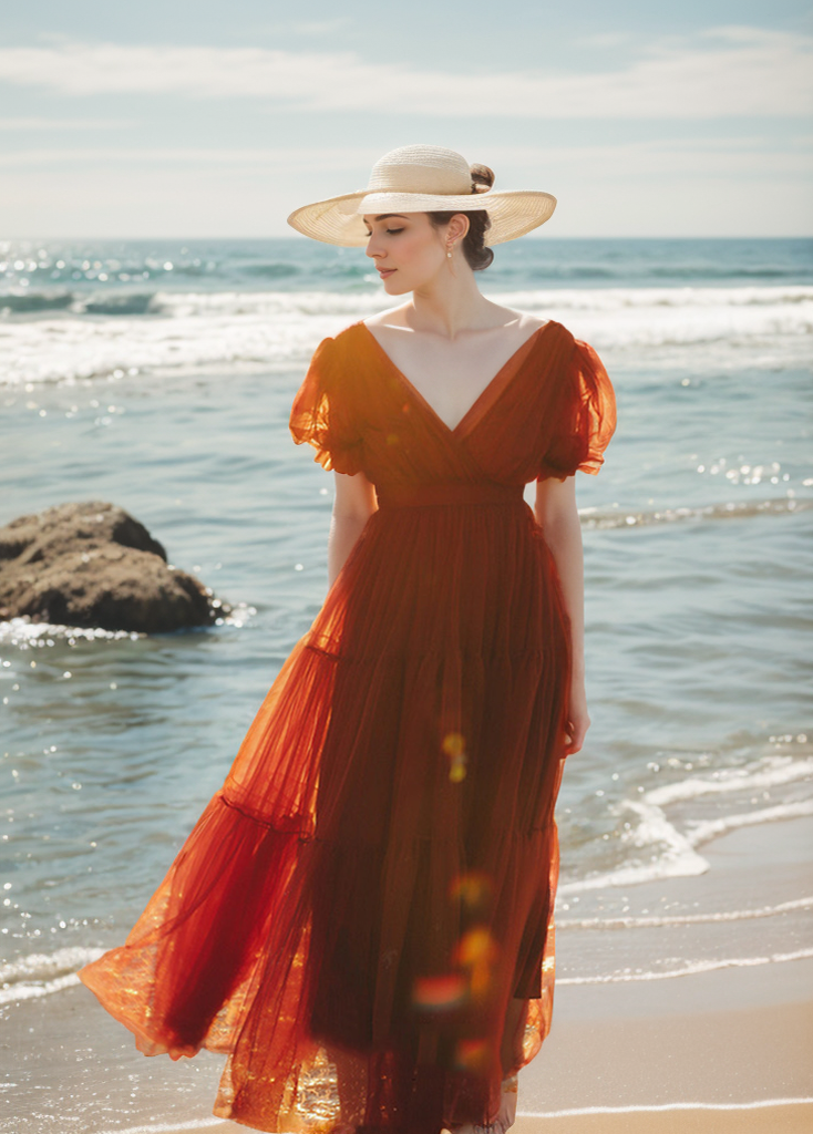 Cape-shoulder short sleeves ruched bodice V-neck layered skirt long tulle prom dress SelenaHuanStudio