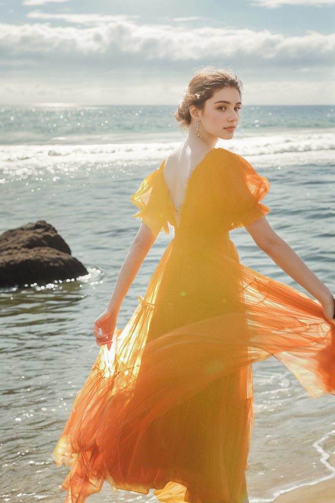 Cape-shoulder short sleeves ruched bodice V-neck layered skirt long tulle prom dress SelenaHuanStudio