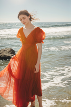 Cape-shoulder short sleeves ruched bodice V-neck layered skirt long tulle prom dress SelenaHuanStudio