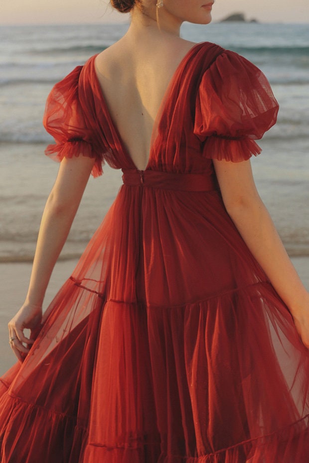 Cape-shoulder short sleeves ruched bodice V-neck layered skirt long tulle prom dress SelenaHuanStudio