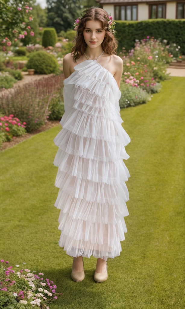Haltered Sliding Ruffle Layered Hem fit and flare tutu ankle length tulle prom dress SelenaHuanStudio